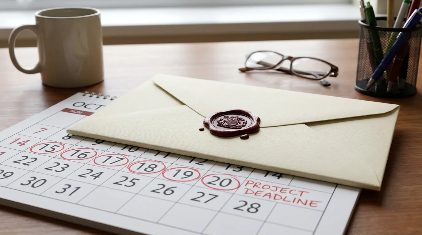 An official court envelope with a red wax-style stamp resting on a desk calendar with a two-week period circled