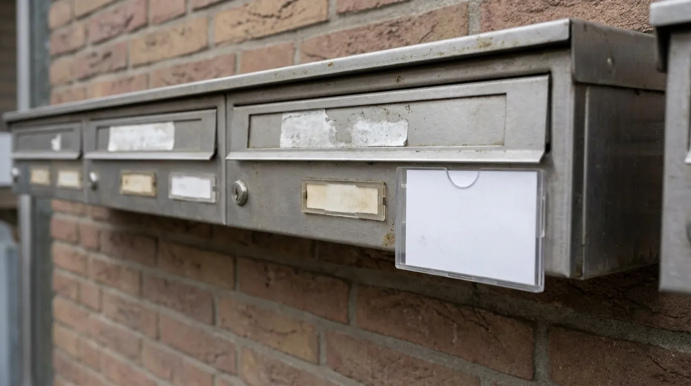 A row of apartment mailboxes, some with blank nameplates and one clearly labeled