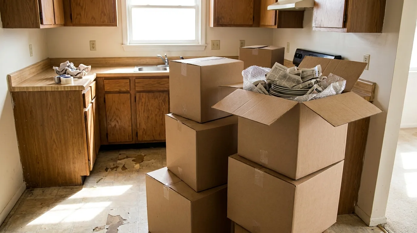 Cardboard moving boxes stacked in an empty apartment kitchen, one box open showing wrapped dishes
