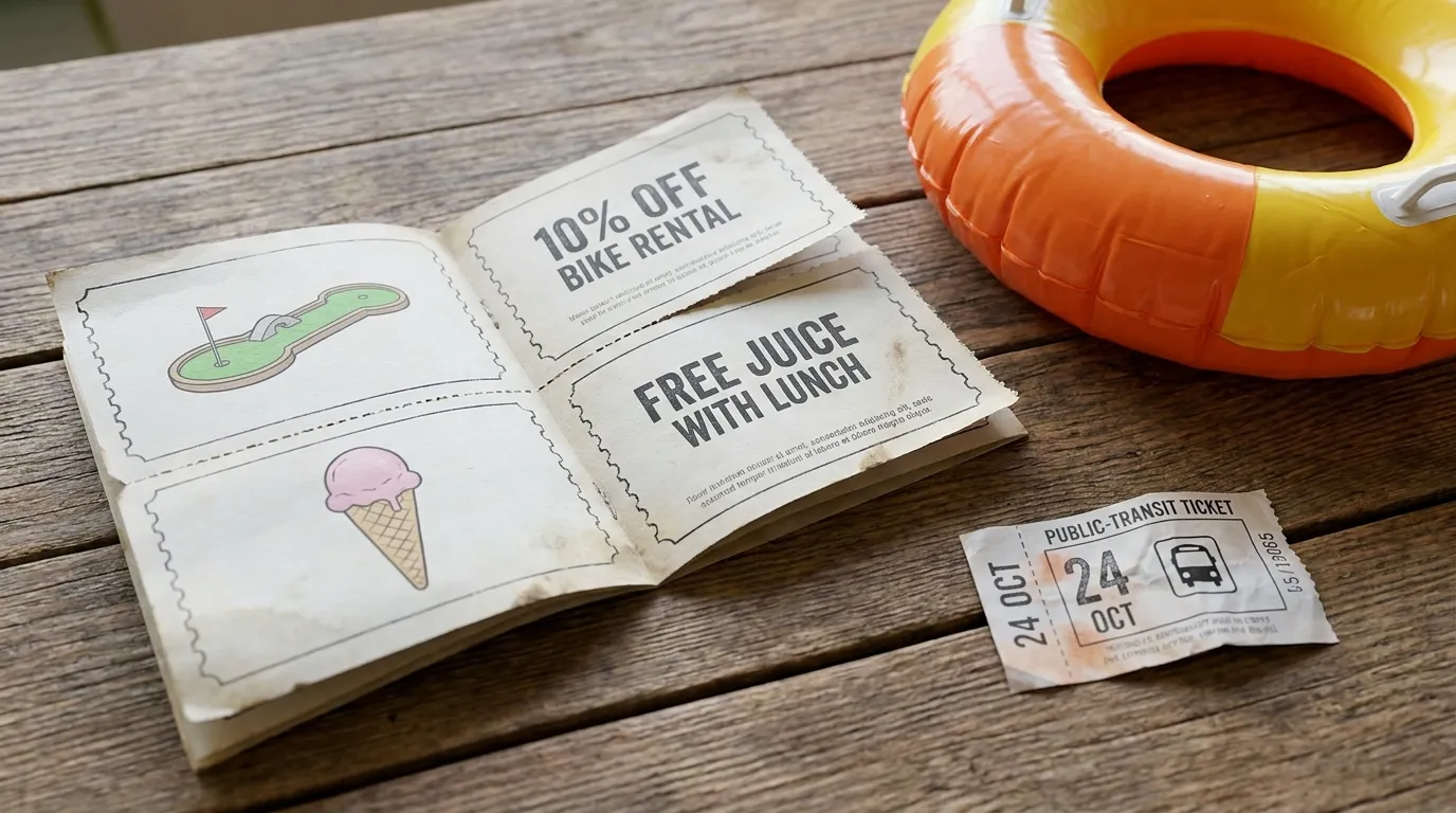 A small paper activity-discount booklet with perforated coupon edges lying open on a wooden table, next to an inflatable swim ring and a public transit ticket