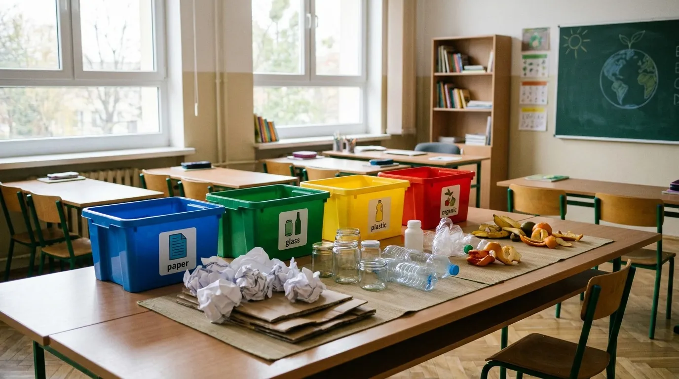 A school classroom setup with colorful sorting bins and sample recycling items laid out for a children's waste education activity