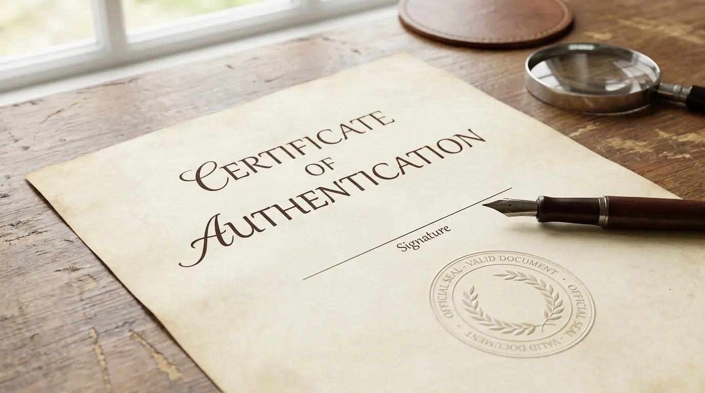 A generic official certificate document with a round embossed stamp and a fountain pen resting beside it on a wooden desk