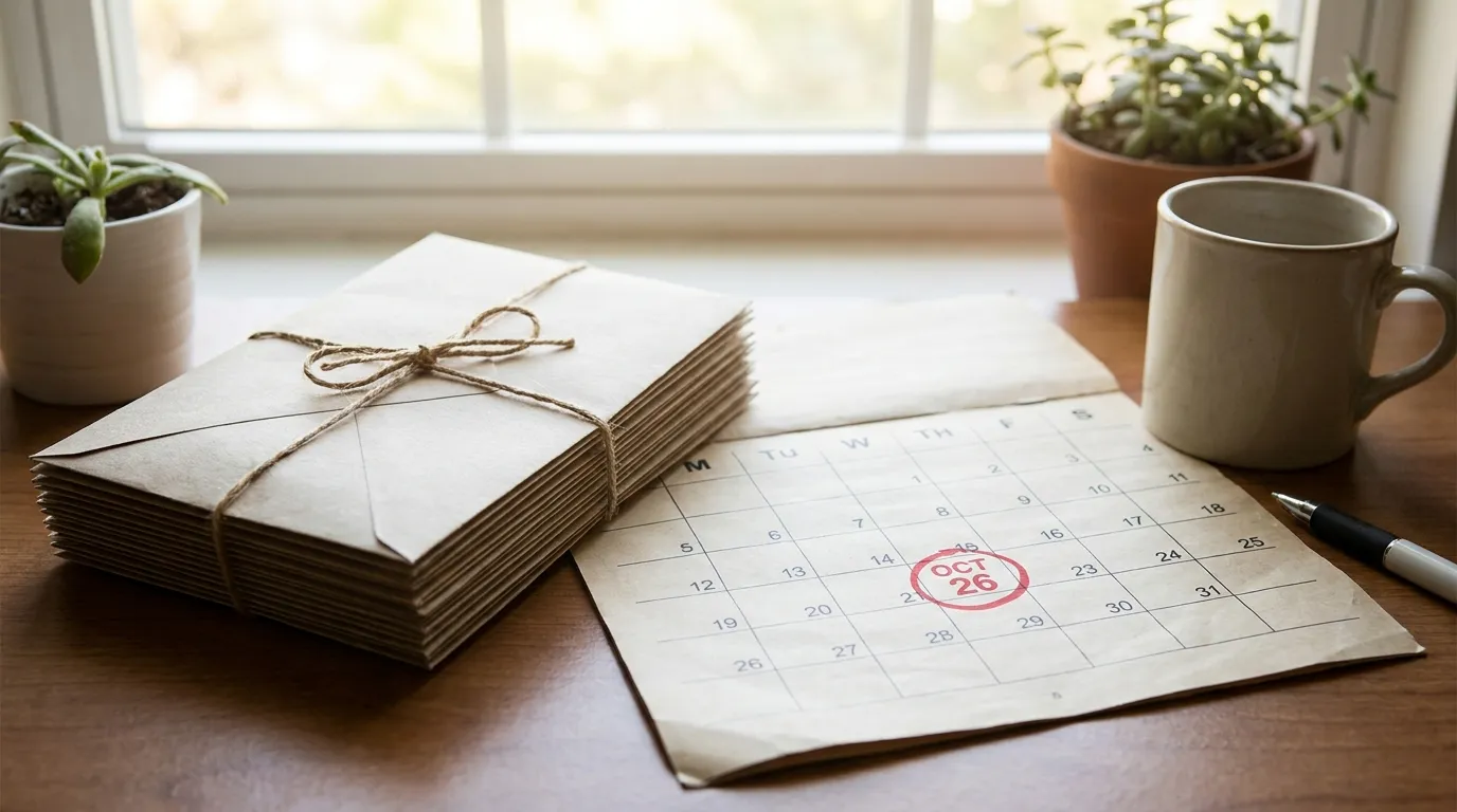 An unopened stack of envelopes and a wall calendar with a date circled in red