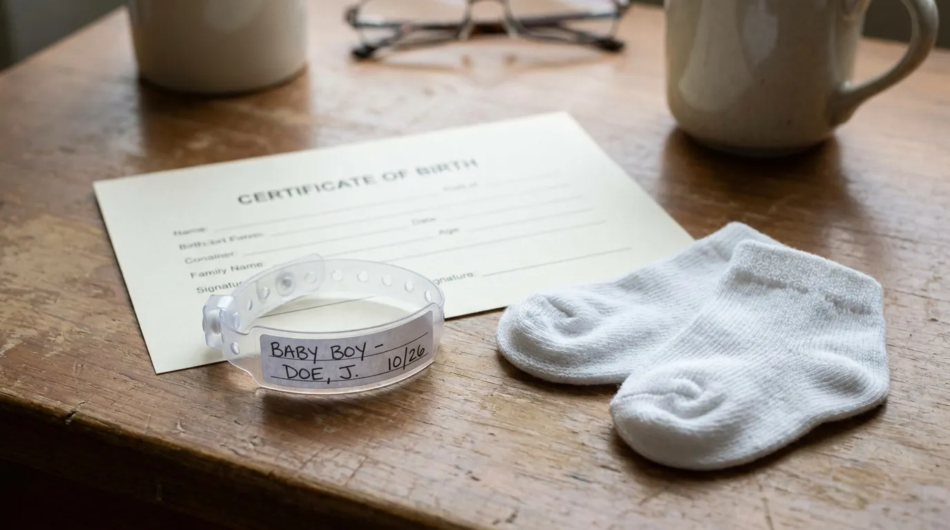 A blank birth certificate document, a hospital ID wristband, and tiny newborn socks on a wooden desk