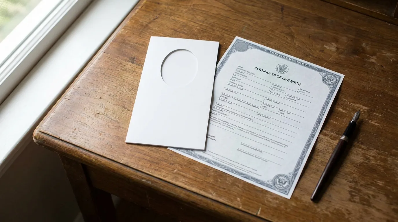 A blank passport-photo frame next to an official birth certificate document and a pen on a wooden desk