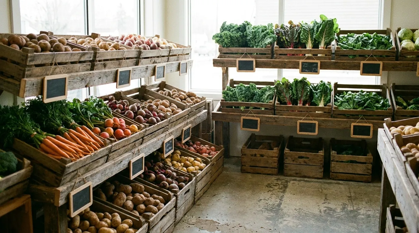 Wooden crates of fresh organic vegetables and fruit on display inside a bio supermarket
