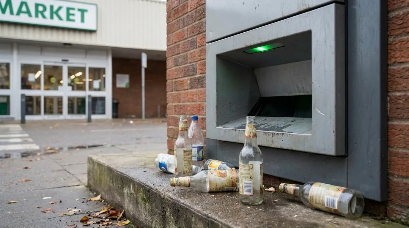 A reverse vending machine return slot with a few empty glass and plastic bottles near a supermarket entrance