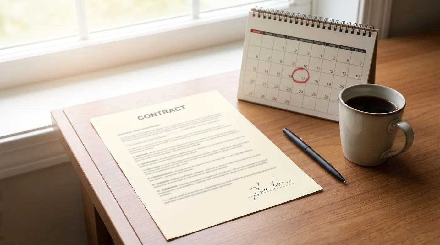 A signed employment contract and a desk calendar with a date circled, next to a pen and a coffee cup