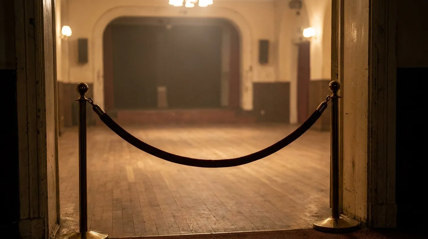 An empty, dimly lit dance floor with a closed velvet rope stretched across the venue entrance