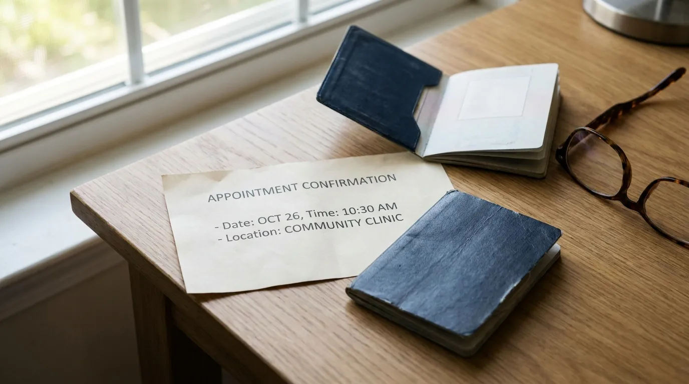 A printed appointment confirmation slip and an open passport resting on a desk next to reading glasses