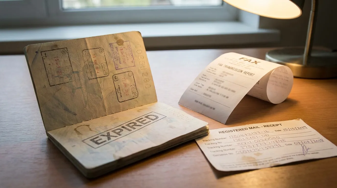 An expired passport stamp page next to a fax transmission confirmation slip and a registered-post receipt