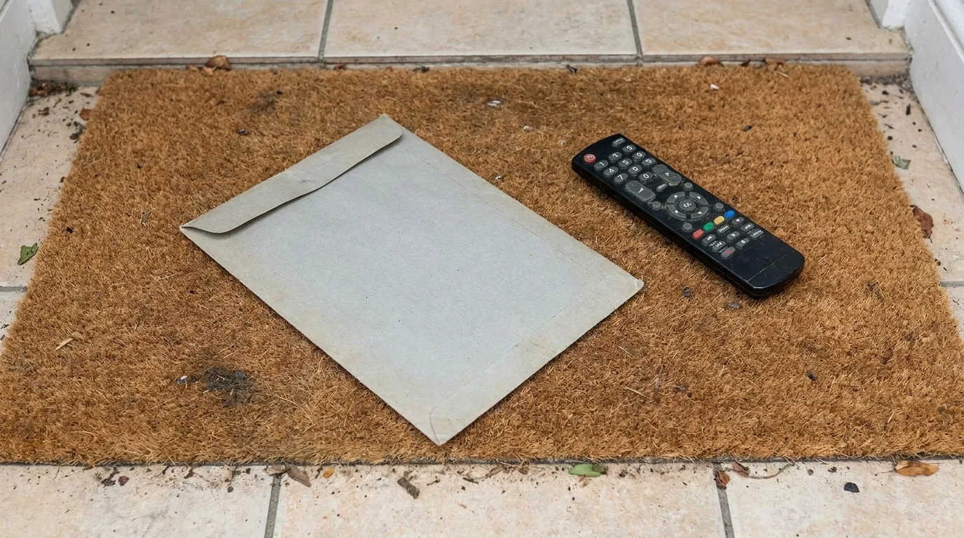 A plain gray official-looking envelope resting on a doormat next to a television remote control