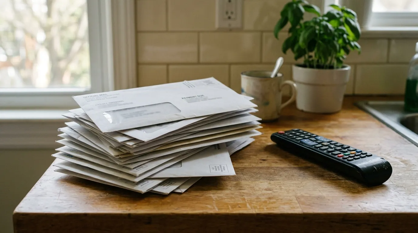 A stack of unopened official letters and bills piled on a kitchen counter next to a television remote control