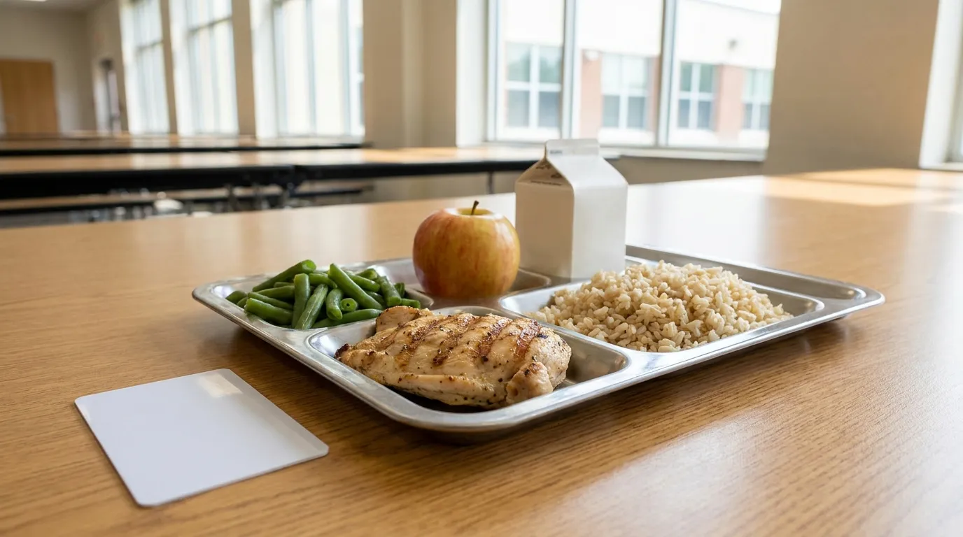 A school cafeteria tray with a simple lunch beside a blank prepaid chip card