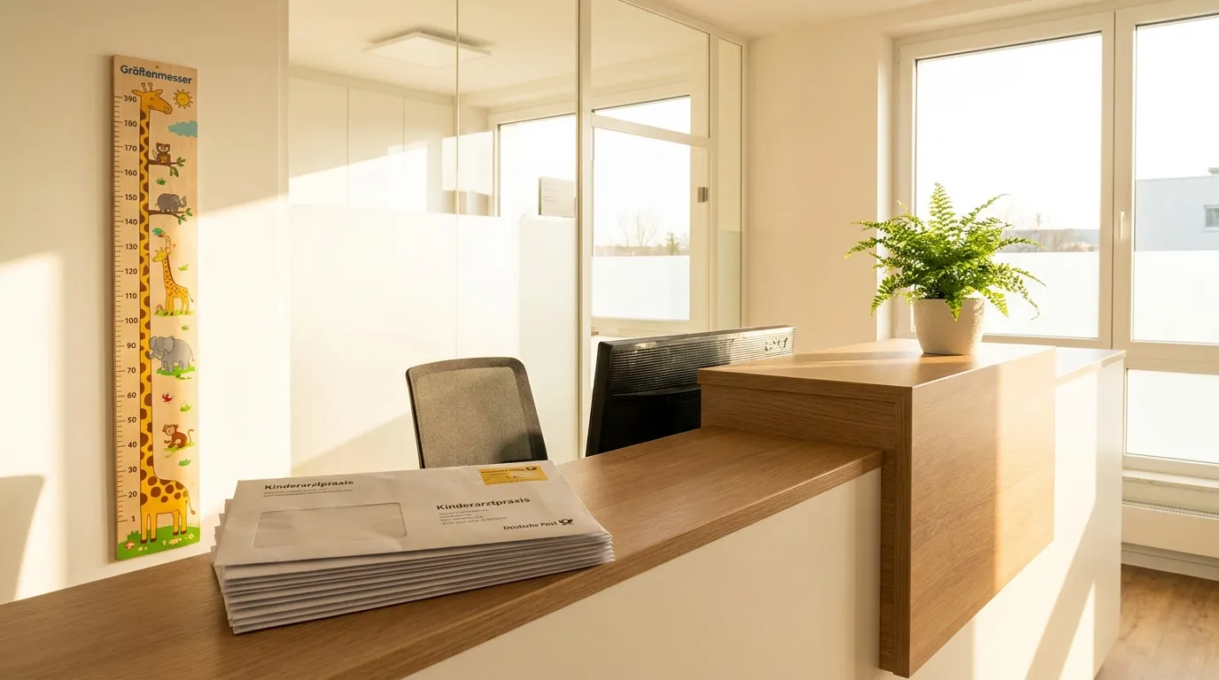 A bright pediatric clinic reception desk with a children's height chart on the wall and a stack of official letters on the counter