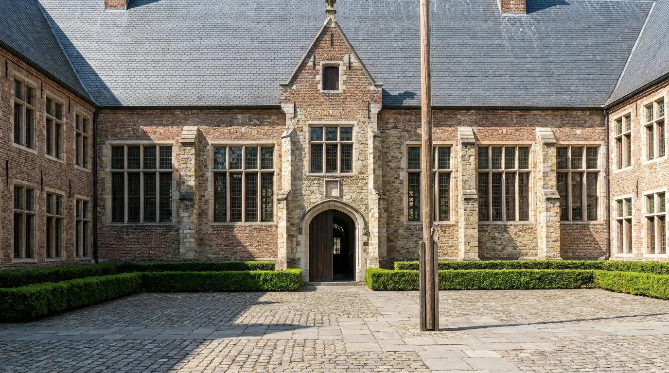 The exterior facade of a generic European private school building with a small paved schoolyard and trimmed hedges