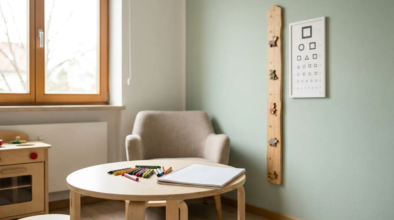 A children's height and vision chart on a bright pediatric exam room wall, next to a small table with crayons and a drawing pad