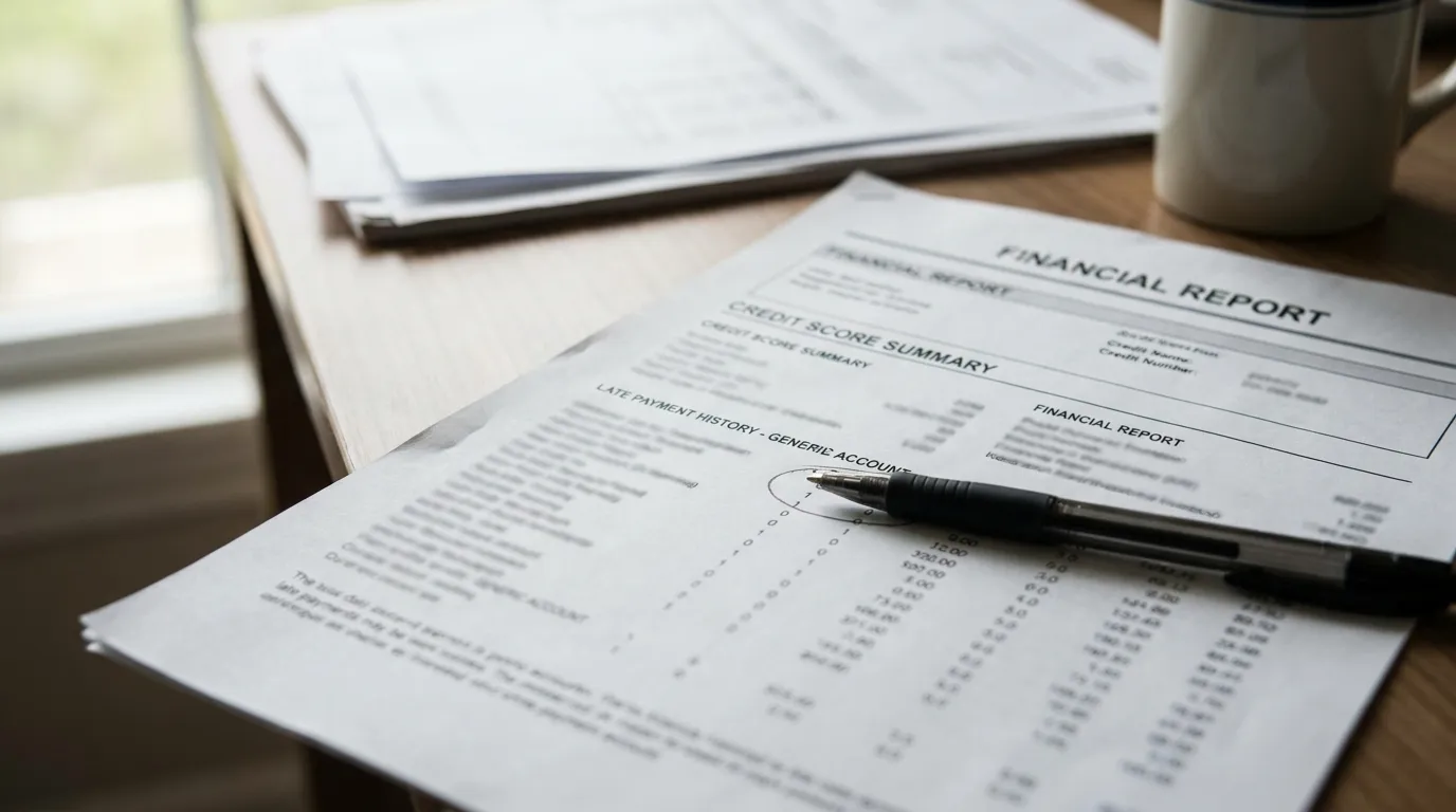 A printed credit report with a pen circling one line item, resting on a desk