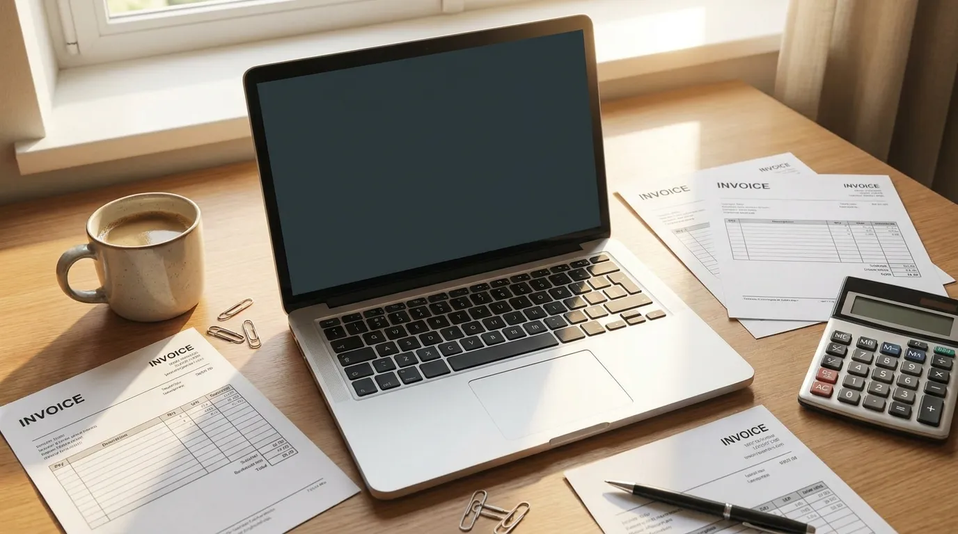 A home office desk from above, an open laptop, printed invoices, and a calculator on it