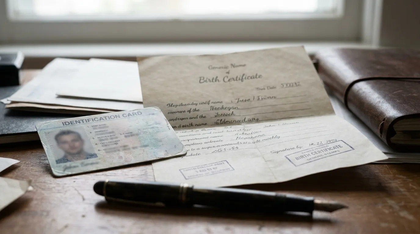 An identification document and a birth certificate resting on a desk next to a pen