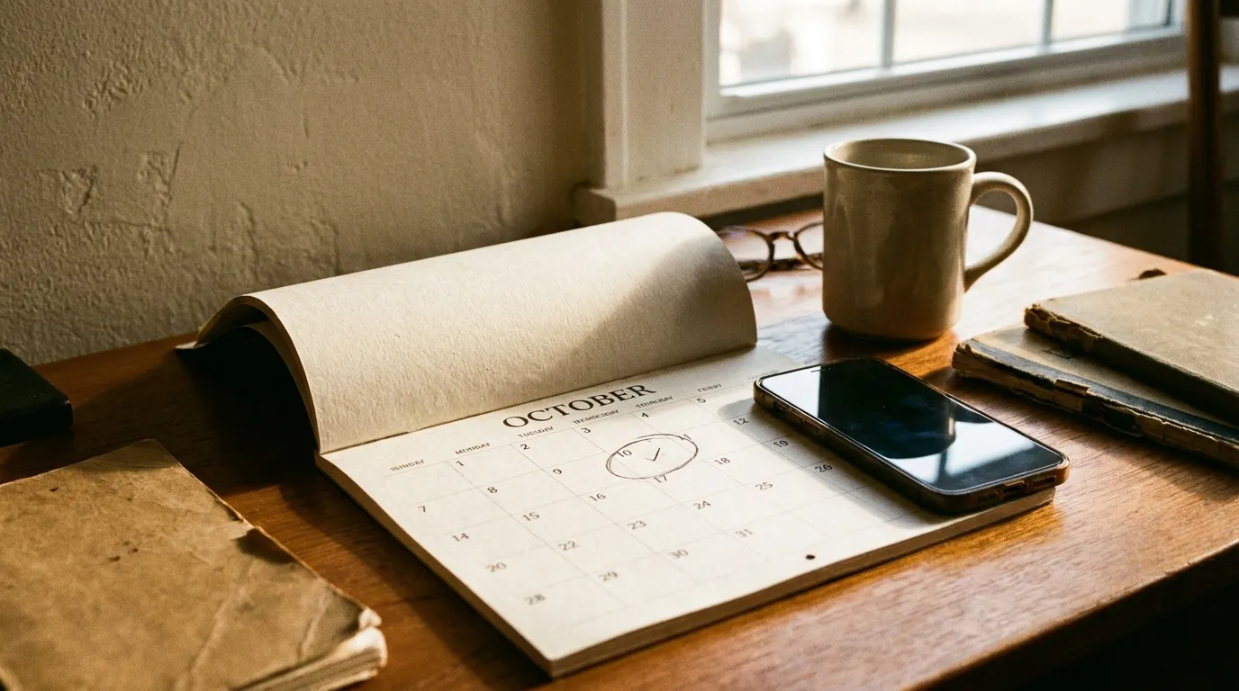 A wall calendar with a marked page and a phone resting on a desk