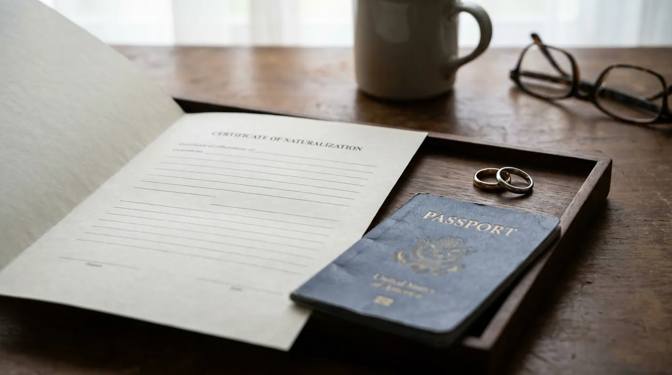 A blank naturalization certificate document next to two wedding rings and a passport on a wooden desk