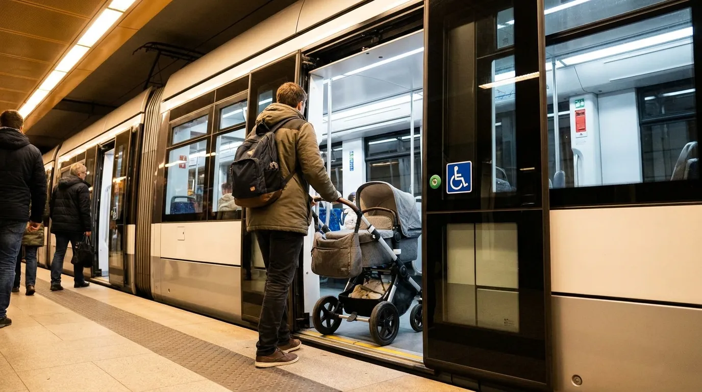A parent boarding a Munich tram with a stroller through a door marked with an accessibility symbol, seen from behind so no faces are visible