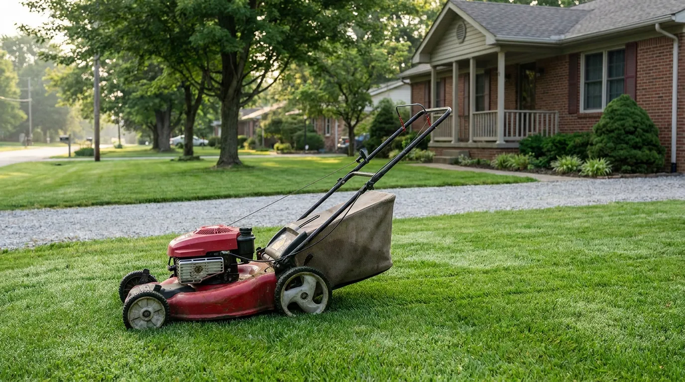 A push lawnmower parked motionless on a neatly trimmed suburban lawn on a quiet Sunday morning