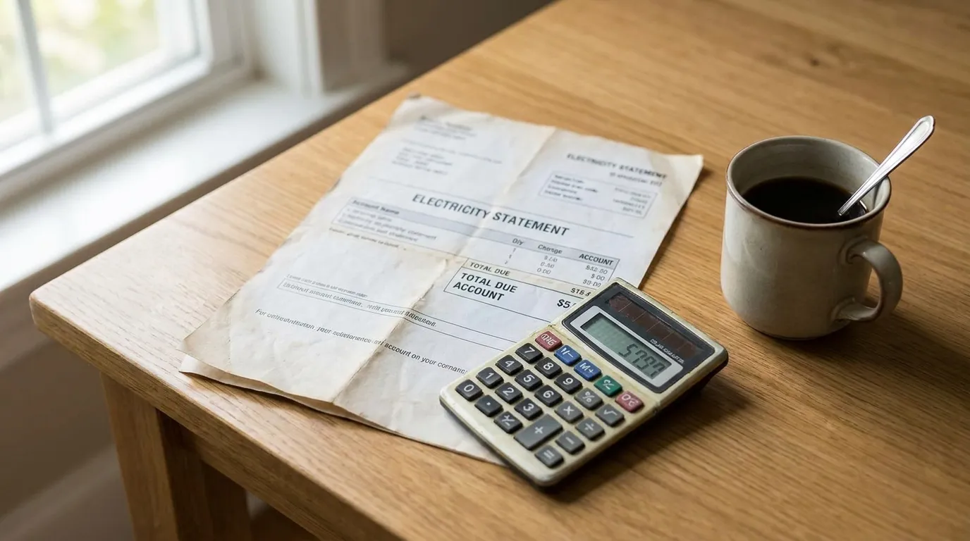 A utility bill statement and a pocket calculator resting on a kitchen table next to a coffee mug