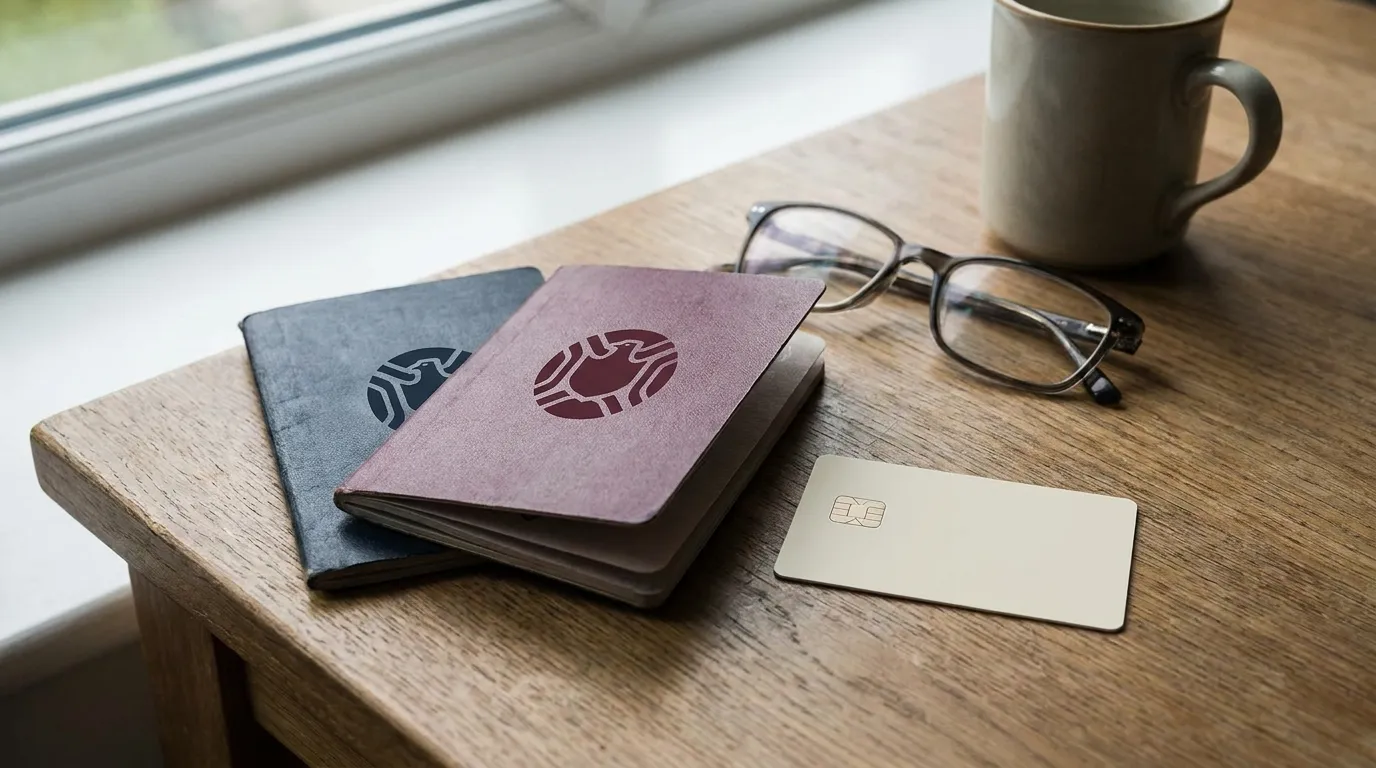 Two passports fanned out next to a blank electronic residence permit card on a desk