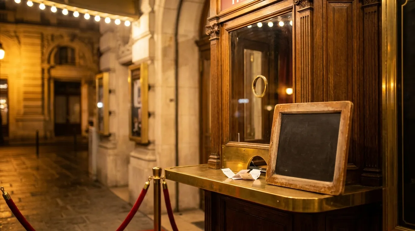 A dimly lit theater box office window at night with a brass counter, scattered paper ticket stubs, and warm string lights glowing overhead, no people visible
