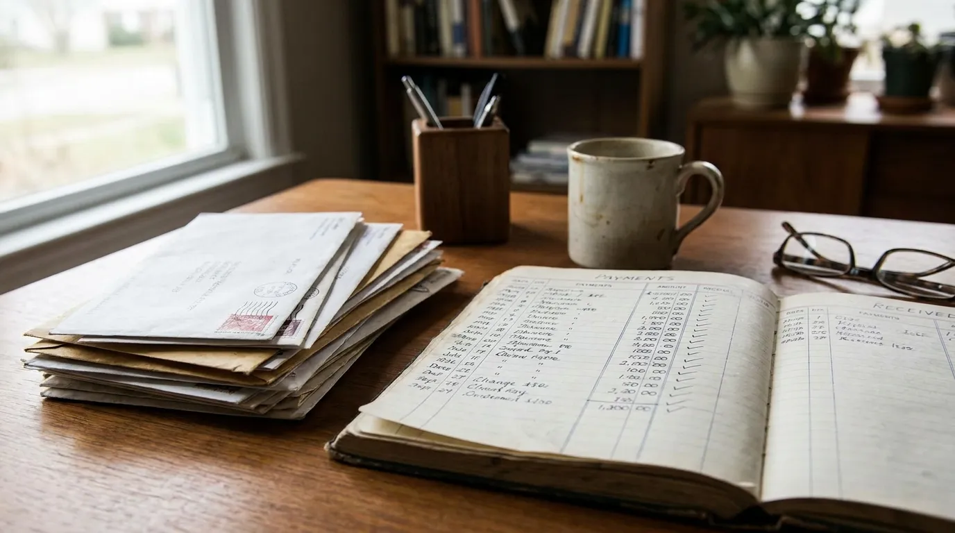 A stack of official letters and a child support payment ledger on a home office desk