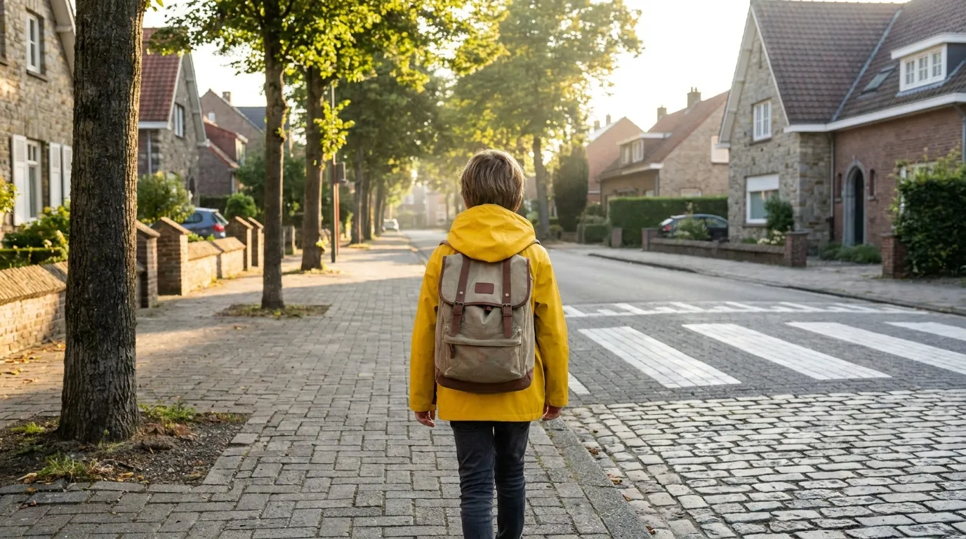 A child wearing a bright yellow jacket and carrying a school backpack walking alone along a residential sidewalk toward a pedestrian crossing