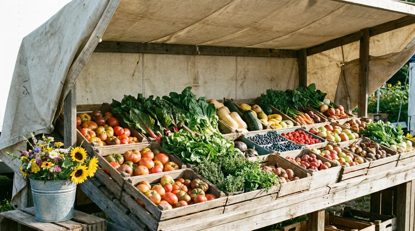 Fresh seasonal fruit and vegetables displayed in crates at an outdoor farmers market stall