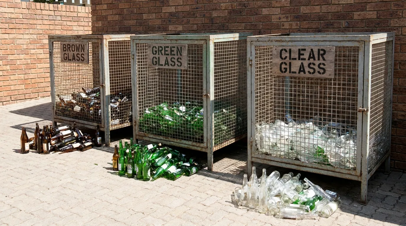 Three outdoor glass recycling containers labeled by color with bottles beside them