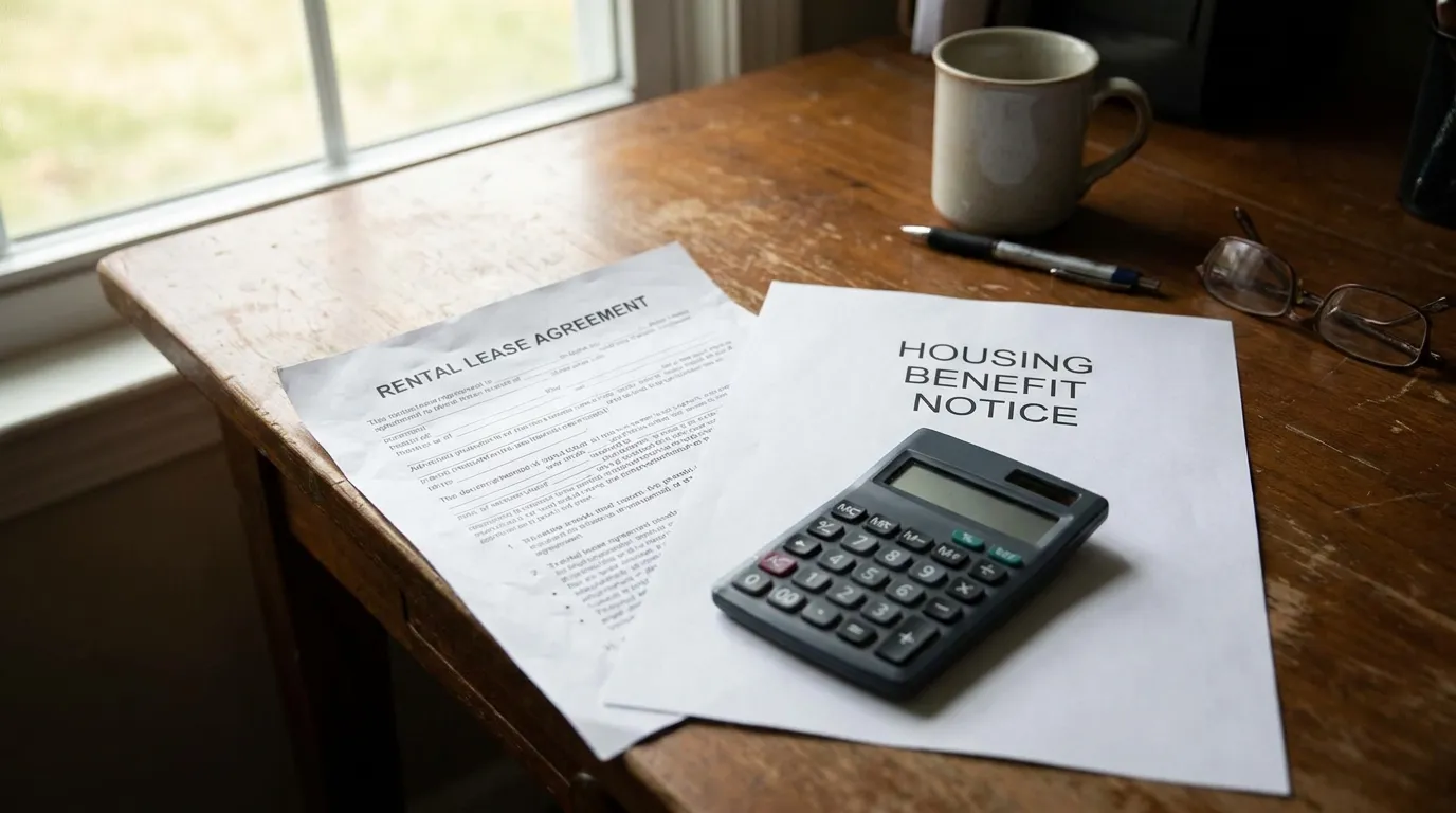 A rent contract and a housing benefit notice next to a calculator on a home desk