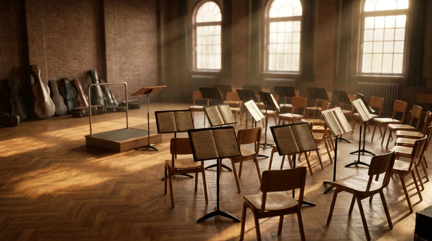 Empty orchestra chairs arranged in a semicircle around music stands with open sheet music in a rehearsal hall