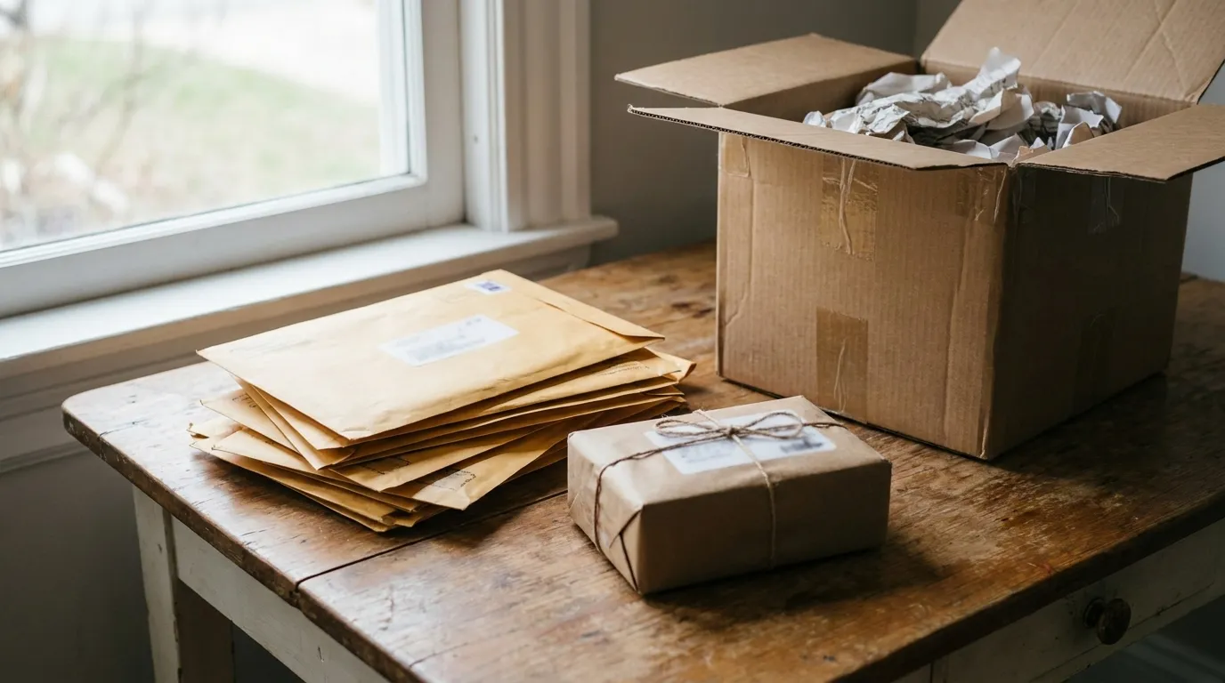 A stack of envelopes and a small package on a table next to a moving box, no readable personal details visible
