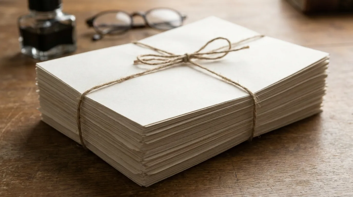 A stack of official family documents tied with string resting on a desk, no readable names or text visible