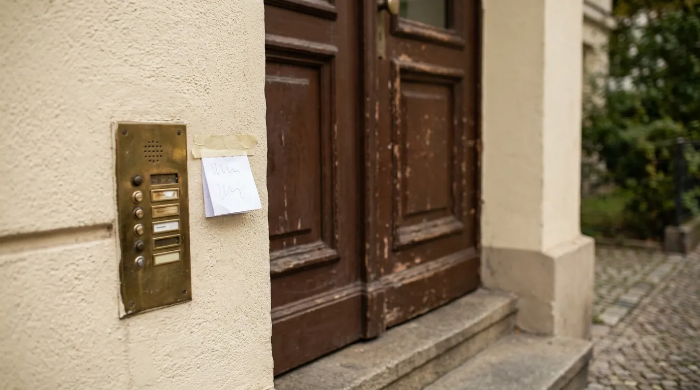 A weathered wooden apartment entrance door in Germany with a small folded note taped beside a brass doorbell panel