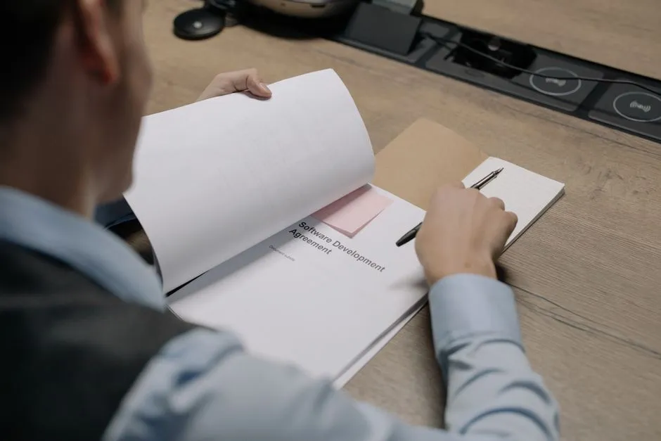 A person reviewing a printed employment agreement at an office desk