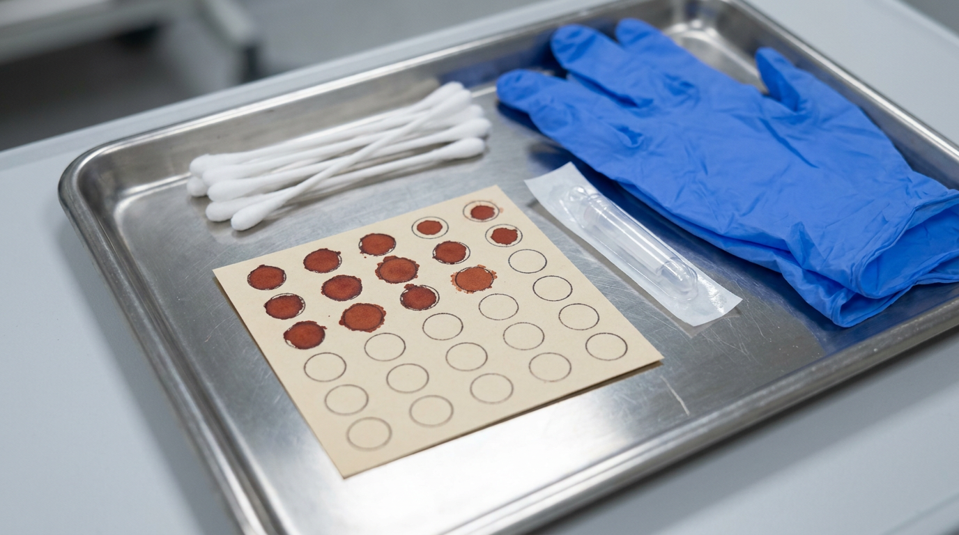 A small blood collection card with several circles for droplets, used for newborn screening, resting on a hospital tray
