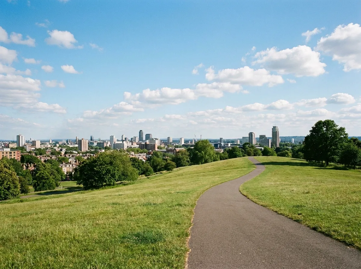 A wide grassy hill in a city park with a paved path curving up its slope under an open sky, no people or readable text visible
