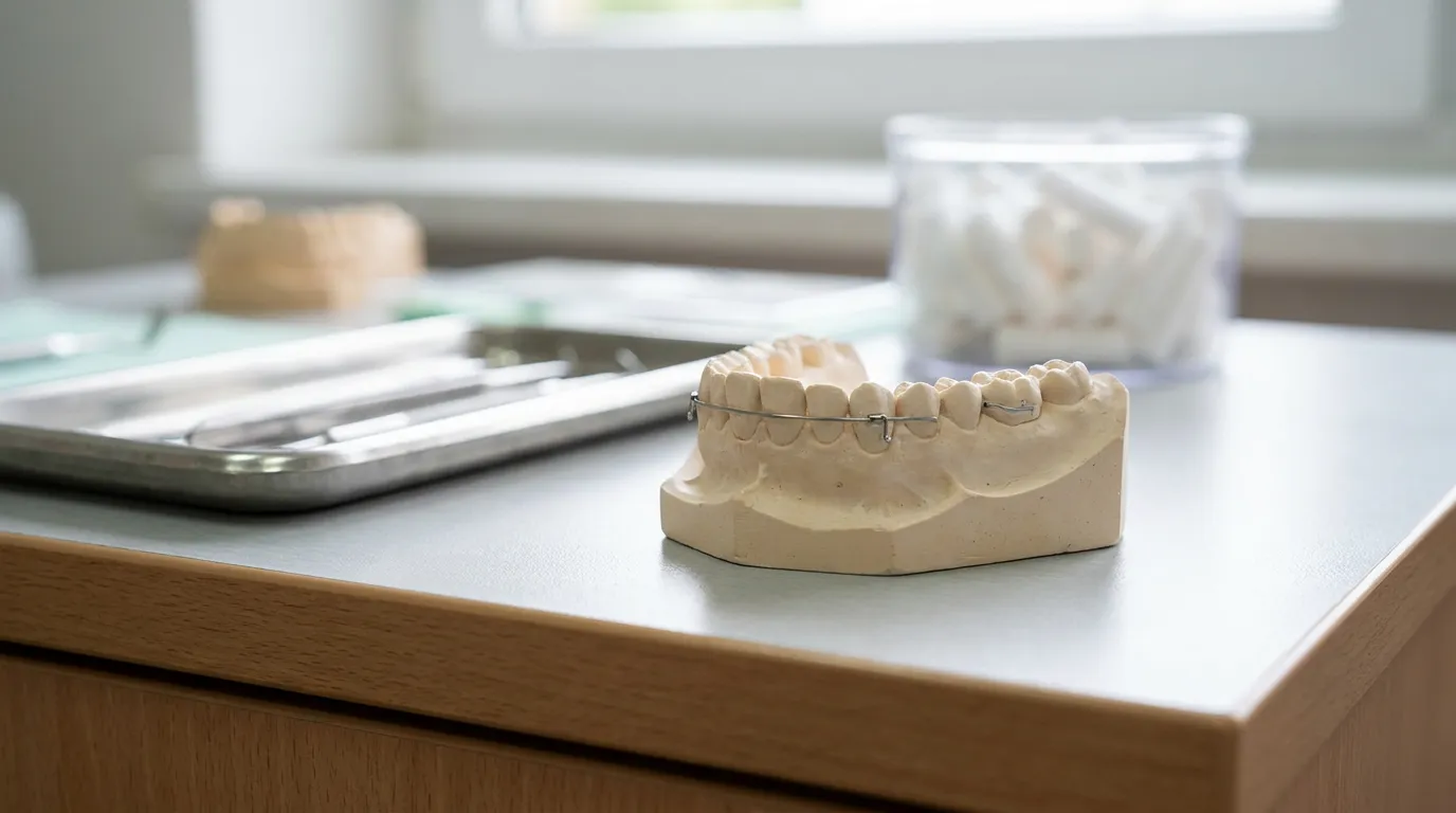 A dental model showing a row of teeth with a simple metal orthodontic wire, resting on a clinic desk, no people or readable text visible