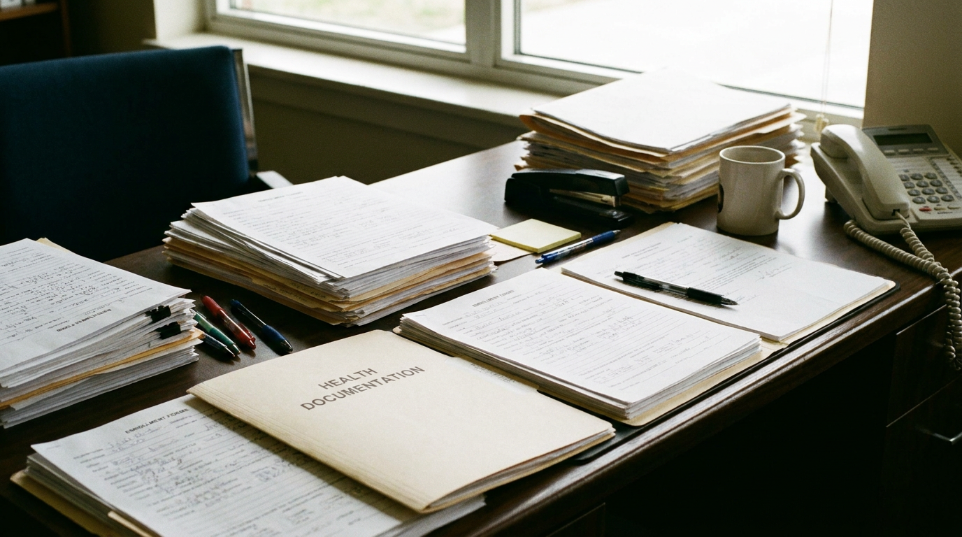 A school administration office desk with enrollment paperwork and a health documentation folder
