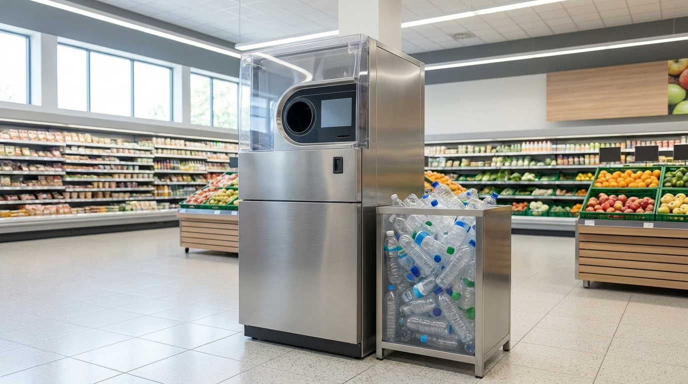 A supermarket reverse vending deposit machine beside a collection bin full of empty plastic bottles