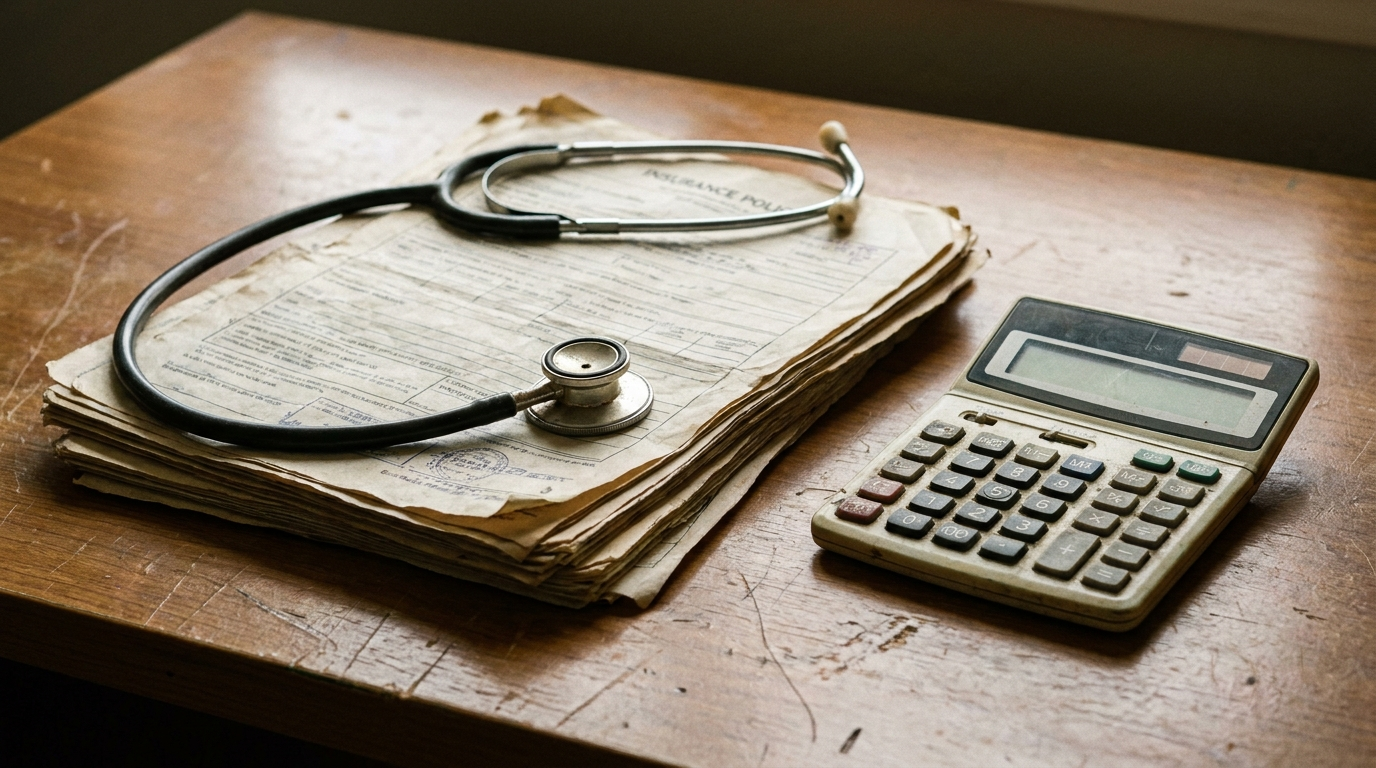 A stethoscope resting on a stack of insurance policy documents and a calculator
