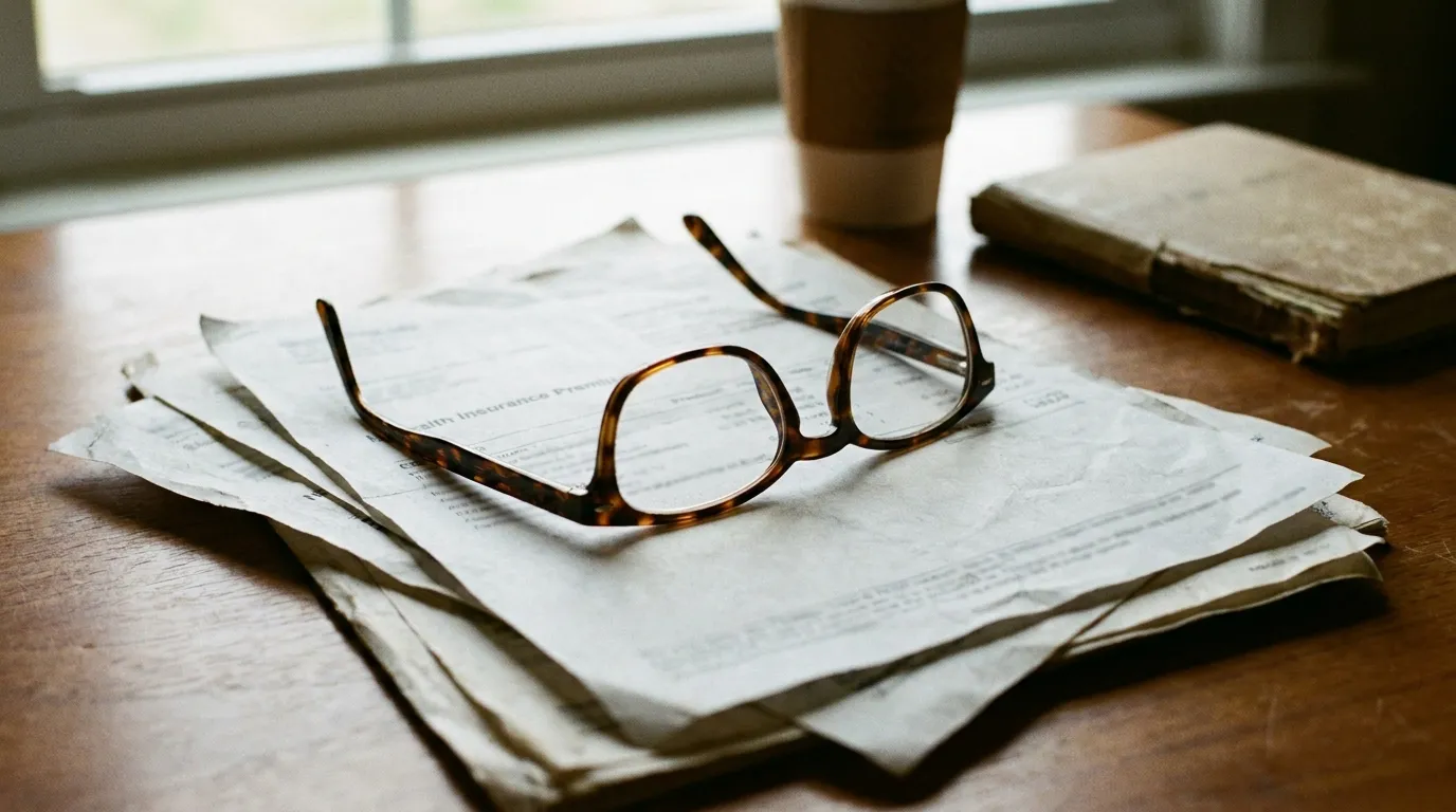 A pair of reading glasses resting on a stack of health insurance premium statements