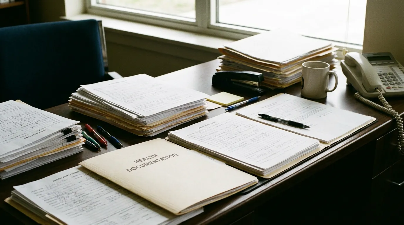 A school administration office desk with enrollment paperwork and a health documentation folder