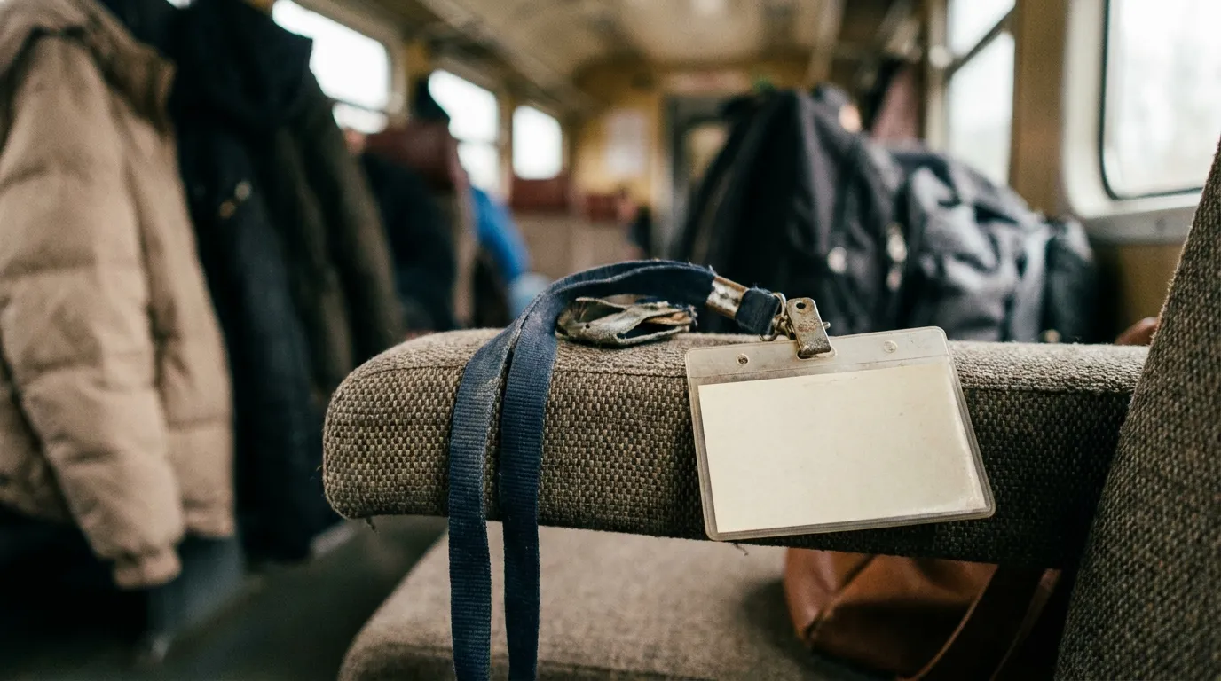 A transit ticket inspector's lanyard and ID badge resting on a train seat armrest